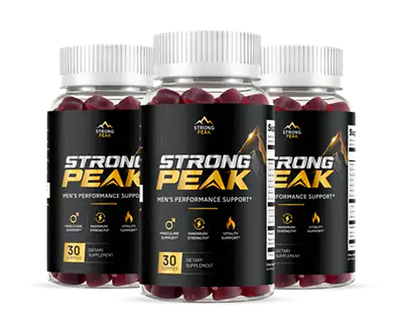 Three bottles of StrongPeak Gummies men's performance support